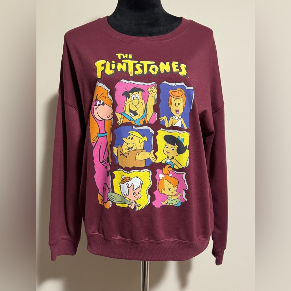 EUC The Flintstones Maroon and Yellow Cartoon Graphic Sweater size medium